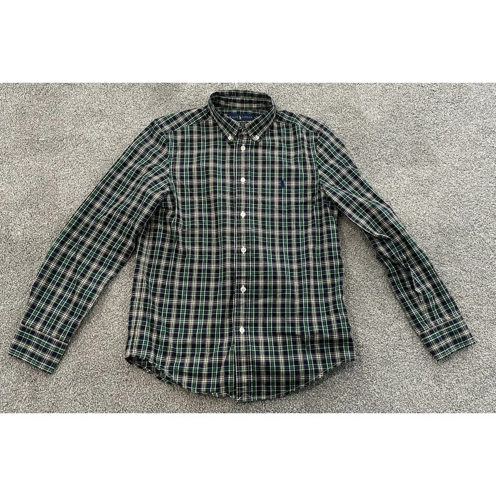 POLO Ralph Lauren Navy Blue & Green Plaid Button-down Shirt,‎ LARGE (14-16)